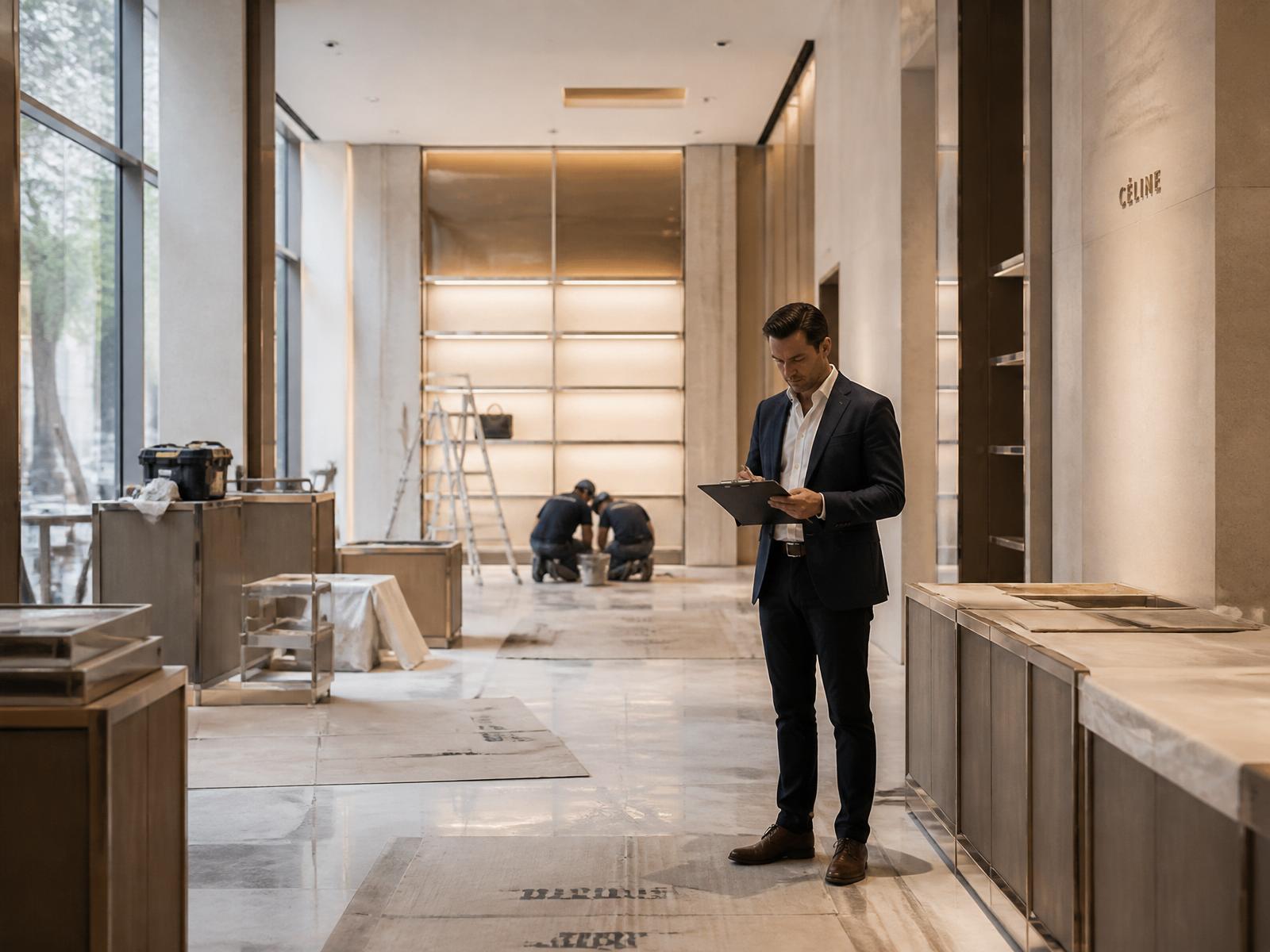 NOOT project manager coordinating final delivery inside a luxury retail store